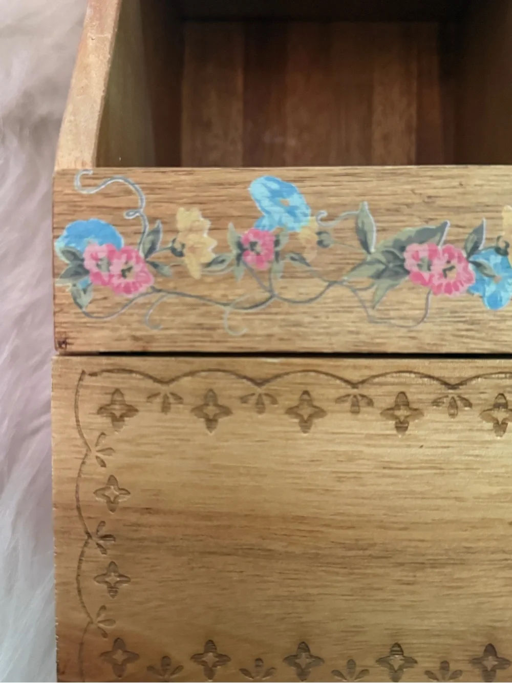 Pioneer Woman Hand-Painted Floral Wooden Storage Box - Natural Wood and Pink
